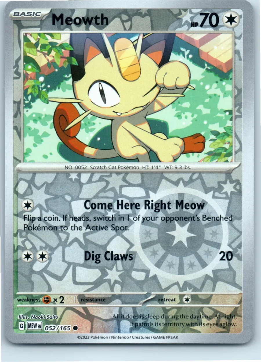 Meowth 052/165 front, the actual card for sale